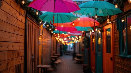 Colorful Umbrellas Hanging Over Festive Alleyway String Lights Night Market Decor