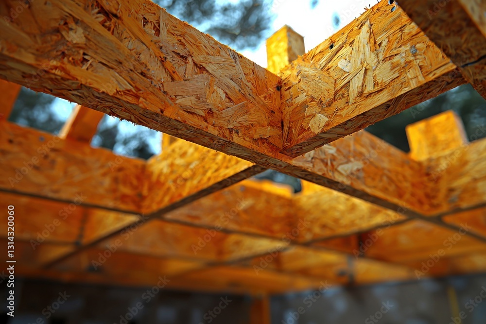 Poster a dynamic view of wood framework, displaying intricate patterns and textures, with a shallow depth o