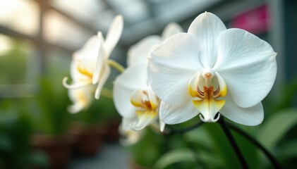 Fototapeta premium Close-up of pristine white moth orchids blooming in a greenhouse Ample copy space , flowers, summer