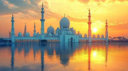 Serene Sunset Over Majestic Mosque with Reflections in Calm Water