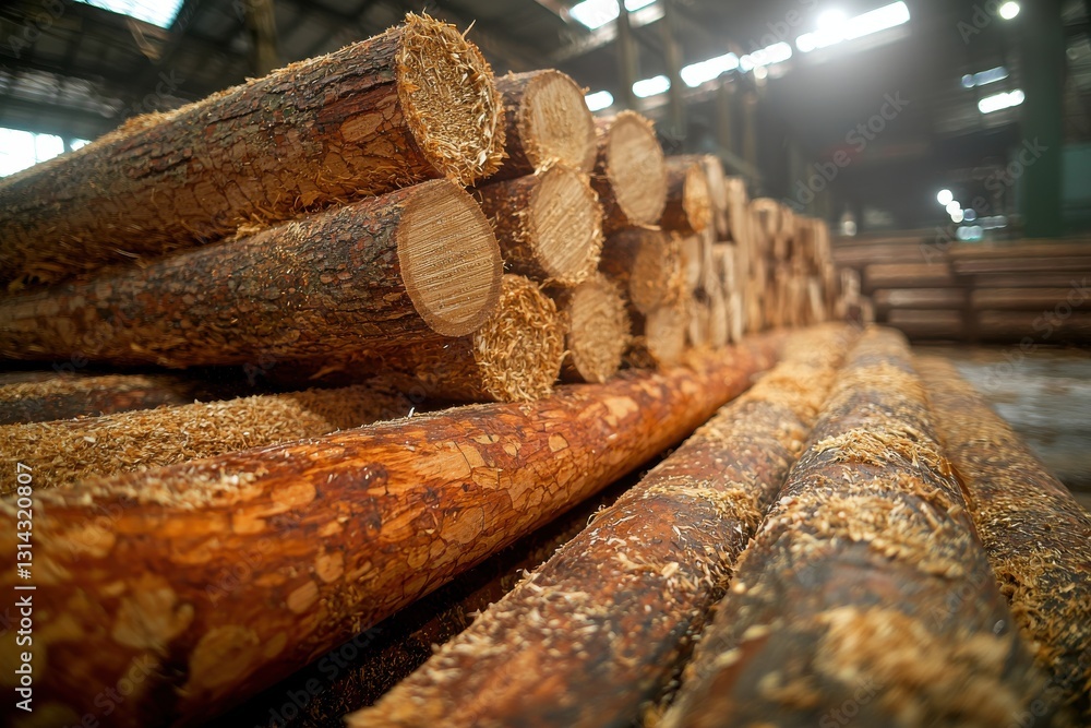 Poster a close-up view of stacked logs in a lumber yard, showing the texture and patterns of the wood, high