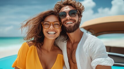 Fototapeta premium Man and woman are smiling and posing for a picture on a beach. The man is wearing sunglasses and the woman is wearing a yellow dress. Scene is happy and carefree