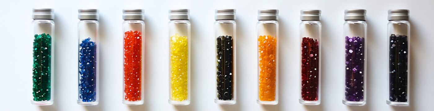 a set of test tubes filled with different colors and shapes of plastic bea