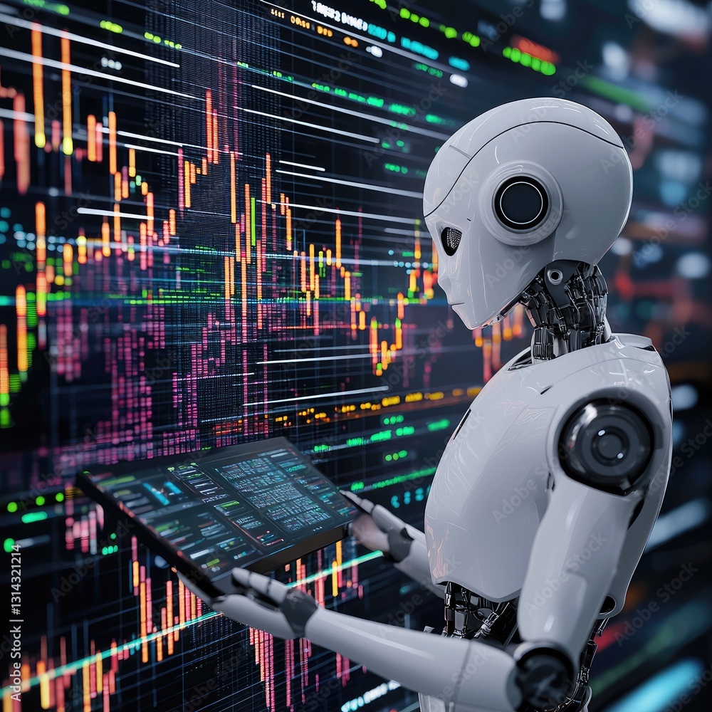 Aufkleber a futuristic ai robot analyzing financial data charts, symbolizing ai in investment decision-making.