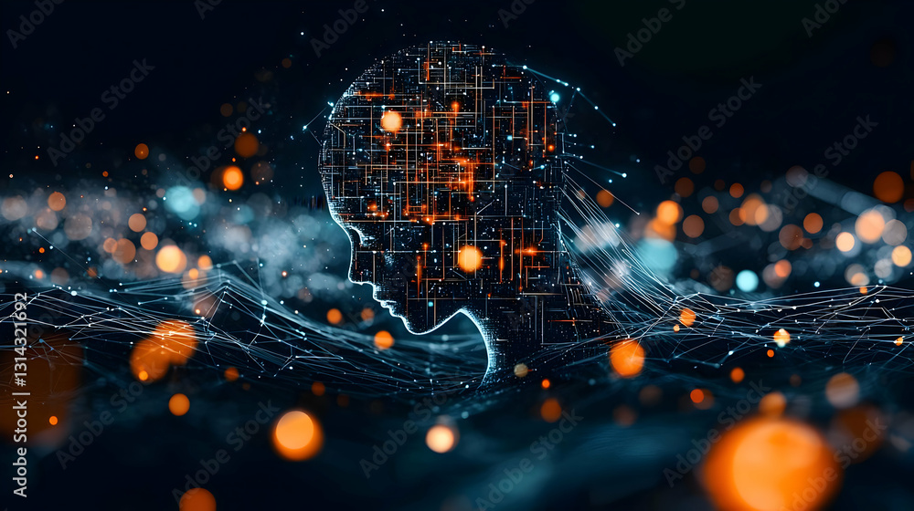 Poster abstract digital brain emerging from glowing particles and waves in a dark background with orange an