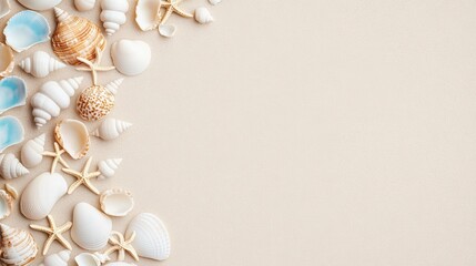 Obraz premium Seashells and Starfish Corner Border on Beige, Beach ,Summer