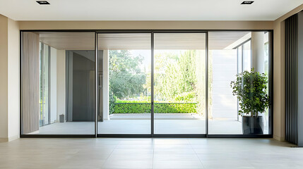 Obraz premium Bright Modern Interior With Large Sliding Glass Doors Showcasing Lush Green Garden View