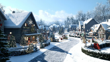 Fototapeta premium Idyllic Snow Covered Christmas Village with Festive Decorations and Cozy Winter Wonderland Atmosphere During Daytime