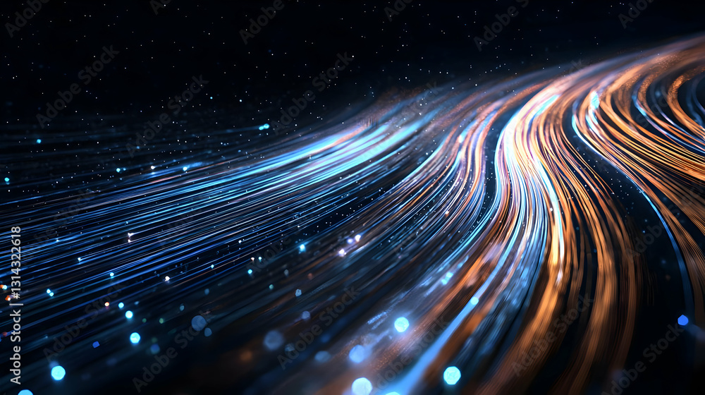 Aufkleber dynamic flow of digital data stream in orange and blue on dark background