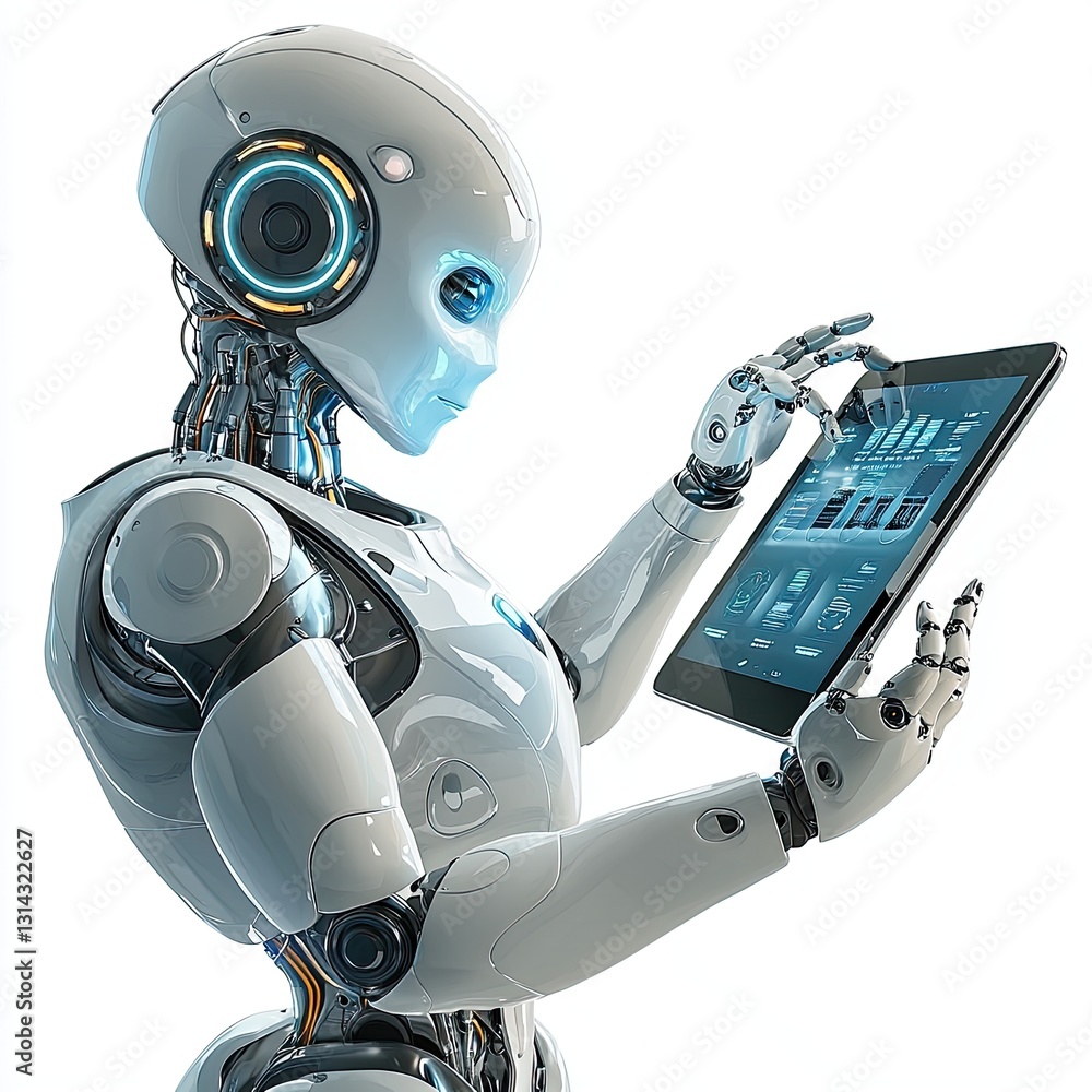 Poster a humanoid robot interacting with a touch screen, isolated on a white background, illustrating ai-ba