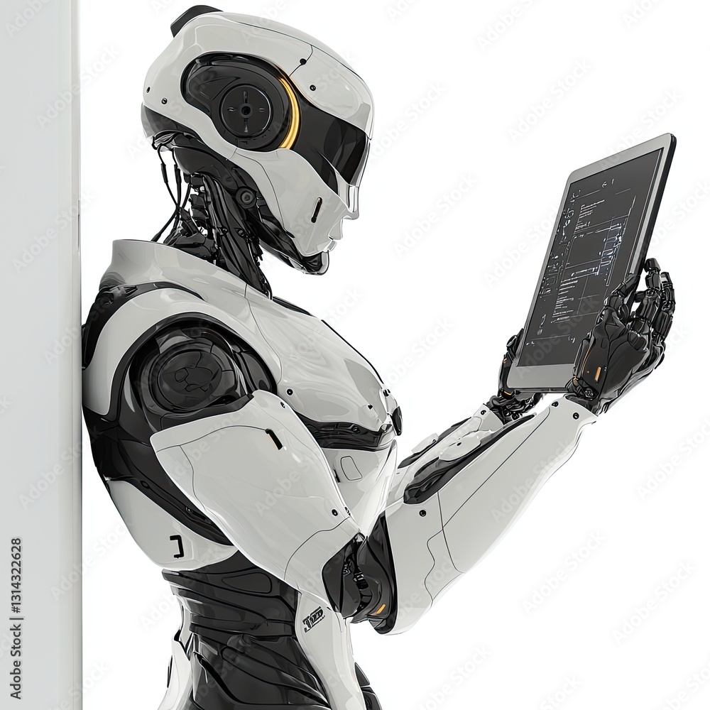 Poster a humanoid robot interacting with a touch screen, isolated on a white background, illustrating ai-ba