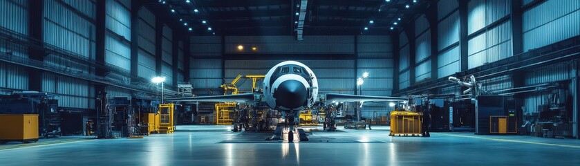 Aerospace assembly facility with robotic precision systems constructing spacecraft, ultramodern industrial technology