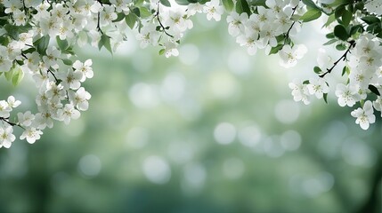 Delicate apple blossoms bloom gracefully, surrounded by soft green hues, creating a serene and warm atmosphere in spring