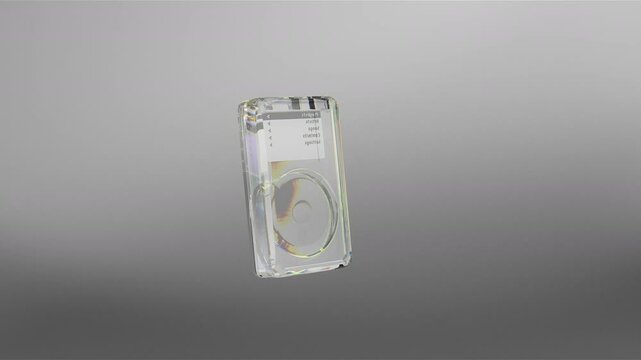 Crystal iPod sculpture floating against gray background. This transparent glass artwork replicates a classic iPod with visible menu screen showing Playlists, Artists, Songs, Contacts, and Settings, co