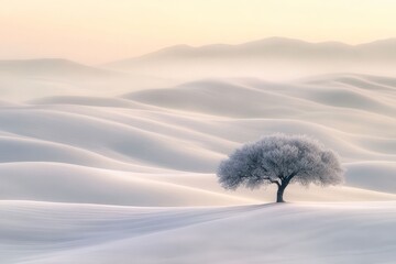 Stunning winter landscape  frost covered tree on rolling hills with foggy background and soft light