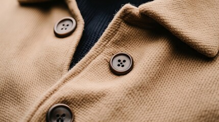 Close-up of a beige cardigan with dark brown buttons. Soft, textured fabric. Warm and cozy.