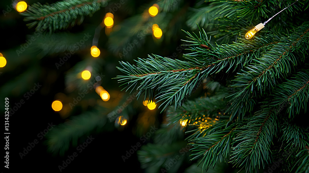 Poster Close Up Of Pine Tree Branch With Golden Christmas Lights And Festive Bokeh Effect On Dark Background