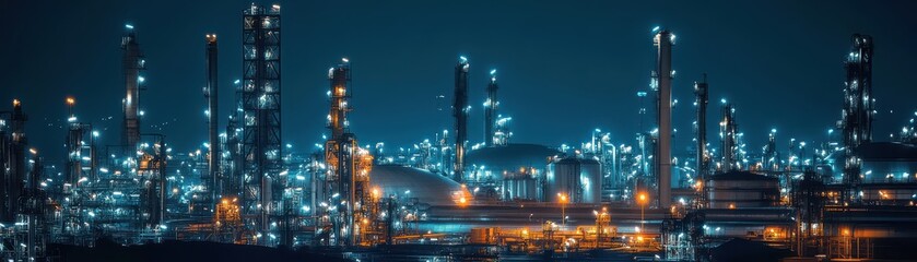 Fototapeta premium Oil refinery with intricate pipe networks, large storage tanks, and nighttime lighting, industrial infrastructure, cinematic atmosphere