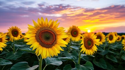 Fototapeta premium Sunflower Field at Sunset Golden light illuminates a vibrant flower meadow under a colorful sky, Nature, Summer