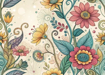 Floral Fantasy Doodles, Bokeh Effect, Repeating Patterns, AI Art