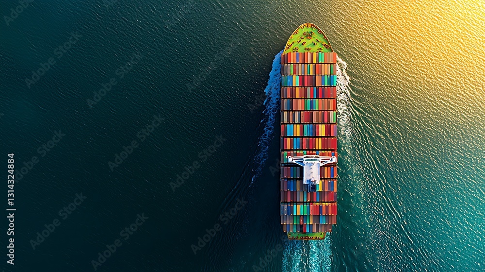 Poster cargo ship sailing on the ocean. a large container vessel, top-down view, navigating open water. col