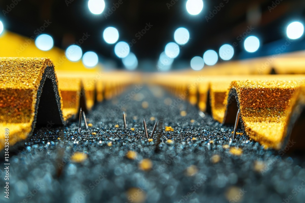 Poster an abstract, macro view of a gold and black textured surface with needles, creating a surreal and in
