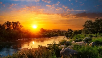 digital art piece with a sunrise over the river landscape.- 