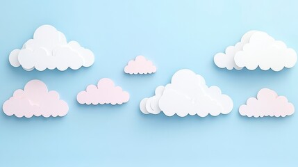 Pastel Pink and White Paper Clouds on Light Blue Background