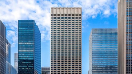 Obraz premium Modern Skyscrapers Against Bright Blue Sky with Fluffy White Clouds
