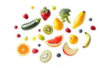 Naklejka premium Fresh fruits and vegetables in air on white background