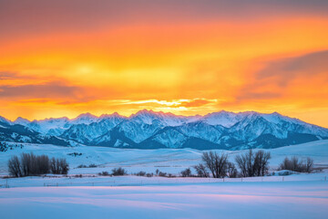 A breathtaking winter sunset landscape with vibrant orange skies illuminating snow-covered mountains and serene fields adorned with silhouetted trees.