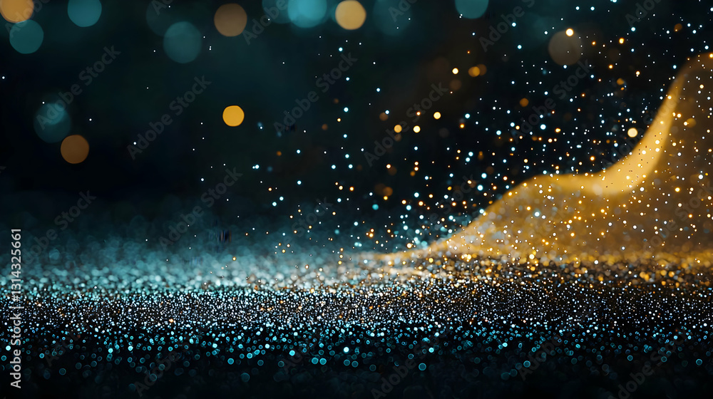 Poster abstract golden and blue glitter sparkle on a dark background with bokeh lights creating a festive a