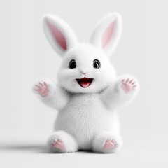 Obraz premium Cute fluffy white rabbit character with big ears and happy expression on a light background