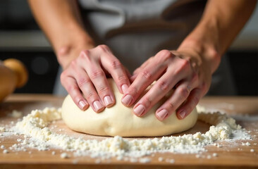 Close-up of female hands kneading dough on wooden board