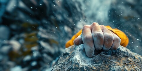 Close-up of male climber gripping sharp rock hold with chalked hand amidst ascent in rugged terrain