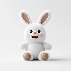 Cute White Bunny Plush Toy with Big Ears and Cheerful Expression on White Background
