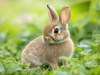 Portrait of a Serene Rabbit Amidst Lush Greenery and Gentle Sunlight