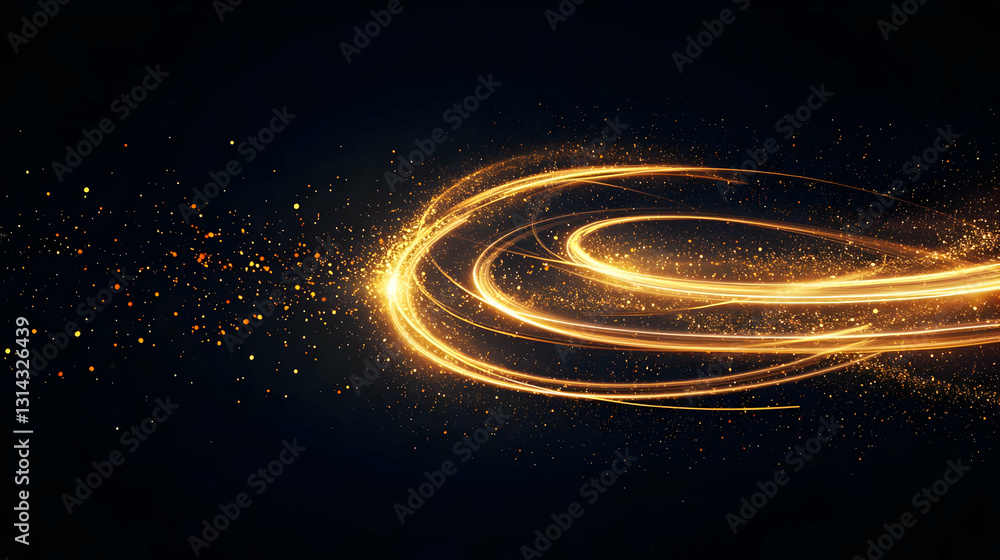 Poster golden luminous swirls with sparkling particles on a dark background festive abstract light trails