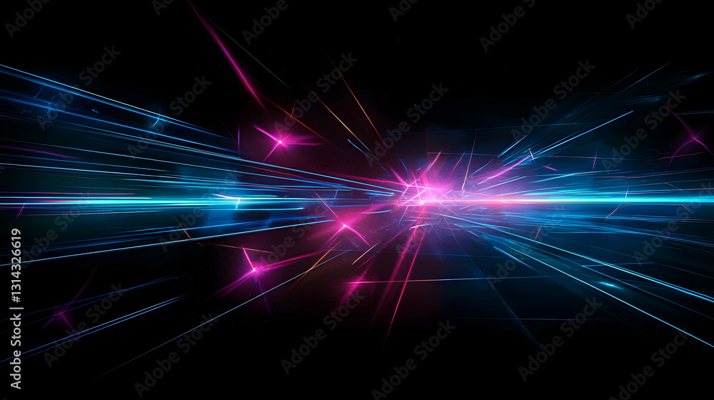 Poster vivid pink and blue light streaks and particles converge on a dark background creating a dynamic abs
