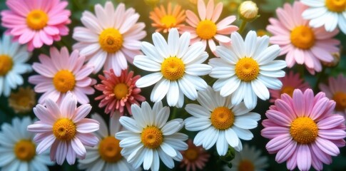 Delicate chamomile blossoms arranged in a vibrant collage , collage, floral