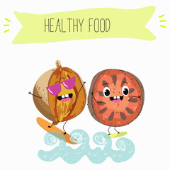 Bael fruit cute funny cheerful characters with different poses and emotions, wood apple whole and sliced. Vector hand drawn illistration.