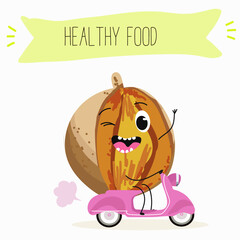 Bael fruit cute funny cheerful characters with different poses and emotions, wood apple whole and sliced. Vector hand drawn illistration.