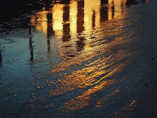Urban reflections, glistening cityscapes mirrored on wet pavement surfaces