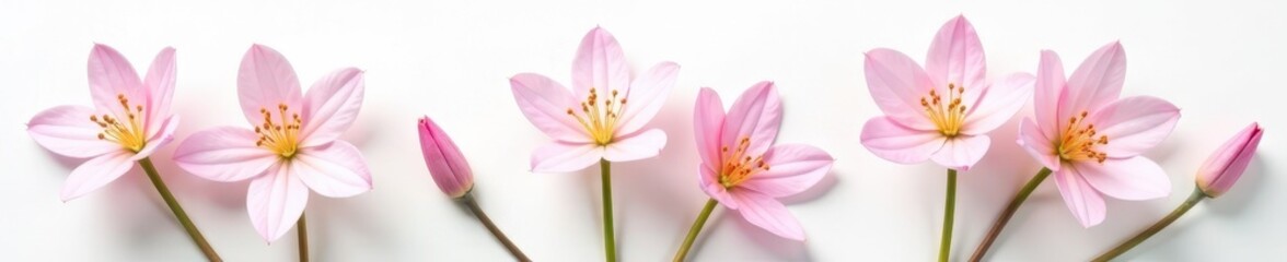 Fototapeta premium Delicate freesia blossoms arranged on pristine white , nature photography, design element
