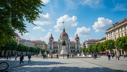 People Walking in City Square with European Architecture and Clouds
