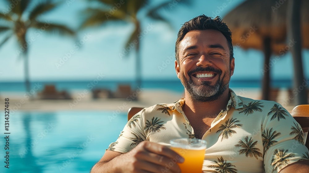 Poster man is smiling and holding a glass of beer while sitting by a pool. the image conveys a relaxed and 