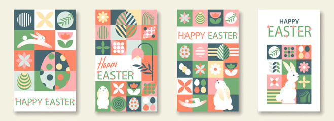 Obraz premium Happy Easter banner, poster, cover, or postcard. Geometry mosaic pattern. Modern scandinavian abstract style. A set of vector Easter illustrations. Easter eggs, rabbit, flowers 