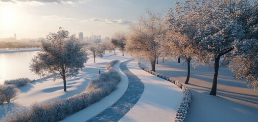 Serene winter park landscape with snow-covered trees and distant cityscape