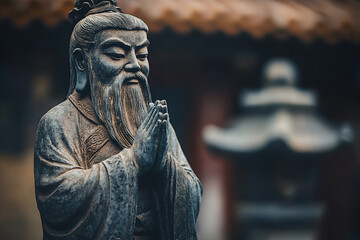 a statue of the chinese philosopher confucius stands in front,
