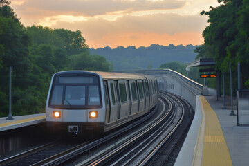 Modern subway train departing from an underground station at sunset, highlighting the dynamic nature of urban public transport